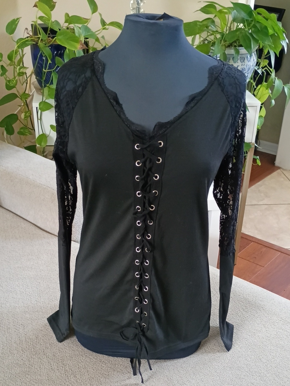 Black Lace-Up Long Sleeve Top with Lace Insets